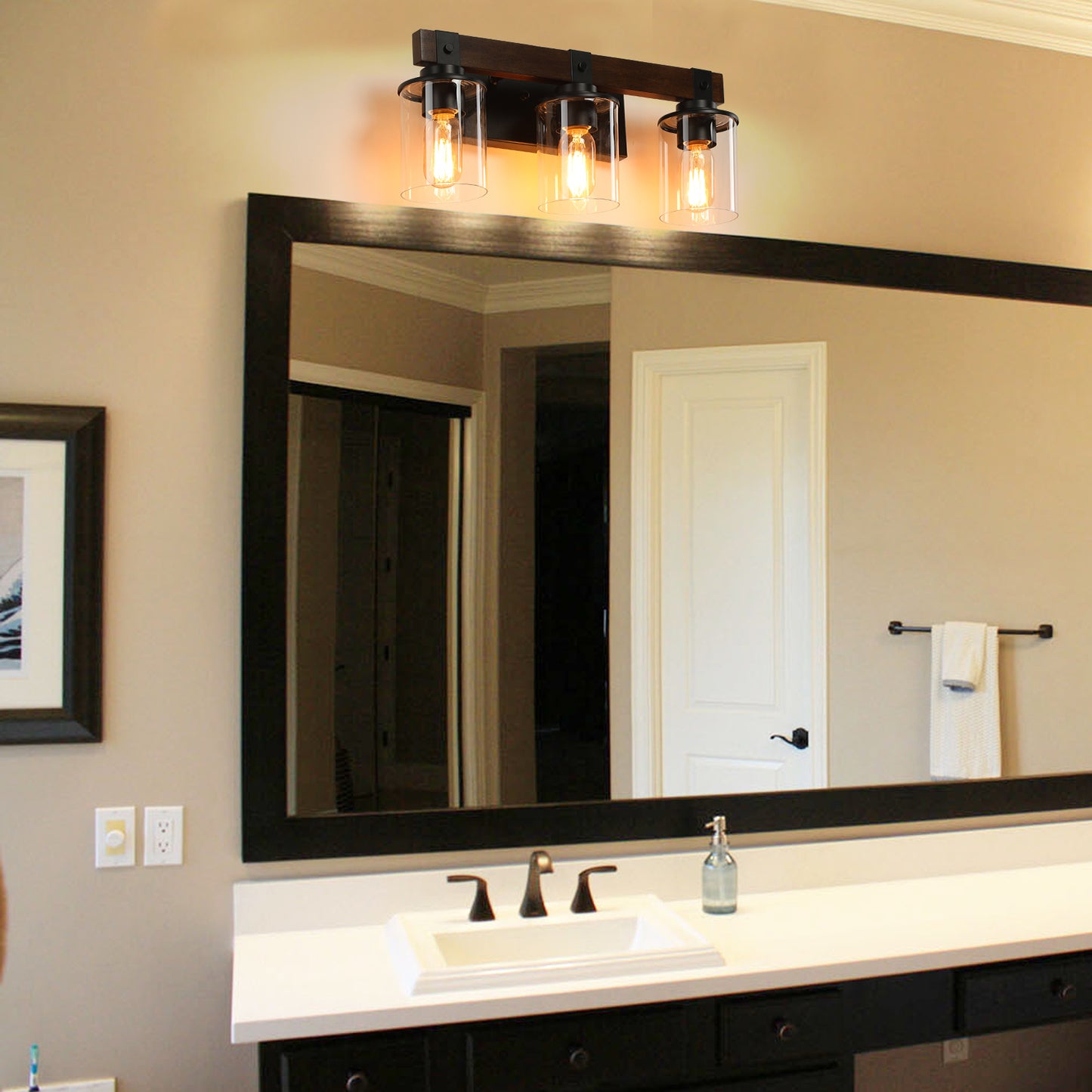 19in  Rustic 3-Light Vanity Light, Industrial Bathroom Wall Sconce With Glass Shades And Wood Accent, Modern Farmhouse Lighting Fixture  No Bulbs