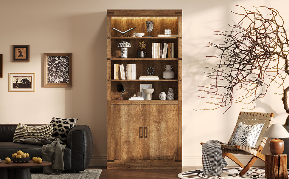 83.4Tall Modern Bookshelf With Doors, Farmhouse Bookcase With 3-Tier Adjustable Shelves, Display Shelves With LED Light,Large Storage Cabinet For Living Room,Home Office, Walnut