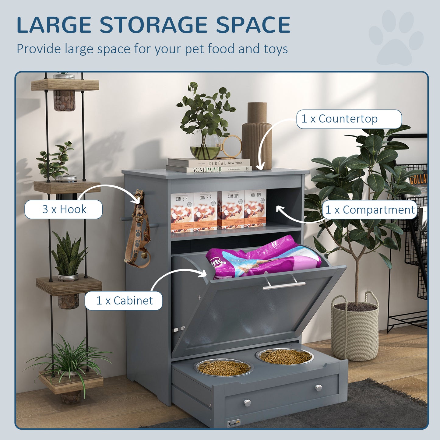 Pet Feeder Station Storage Cabinet, Dog Food Storage Container With Dog Raised Bowls, Watering Supplies, Gray