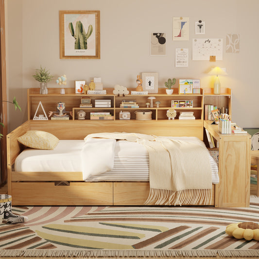 Wooden Full Size Daybed With Storage Shelves, Multi-functional Bed With Two Storage Drawers And  Study Desk, Natural