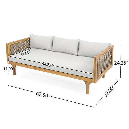 CLAREMONT 3 SEATER DAYBED WITH RATTAN ARMS  LIGHT GREY CUSHION