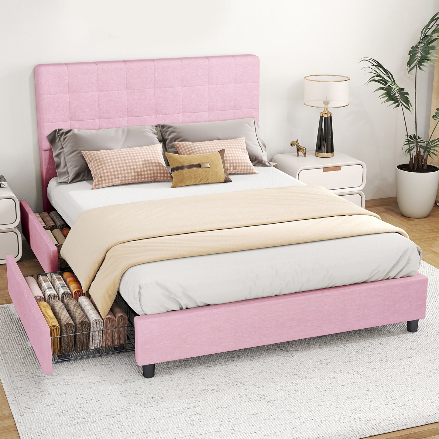 Queen Bed Frame Upholstered Vertical Channel Headboard Bed Frame With 4 Storage Drawers Wood Slats No Box Spring Needed Easy Assembly For Bedroom