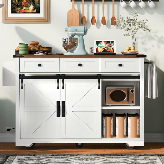 K&K 53.7  Farmhouse Kitchen Island With Power Outlet, 2 Sliding Barn Door Kitchen Storage Island With Drop Leaf, Spice Rack Rolling Kitchen Cart On Wheels, For Home, Kitchen And Dining Room, White