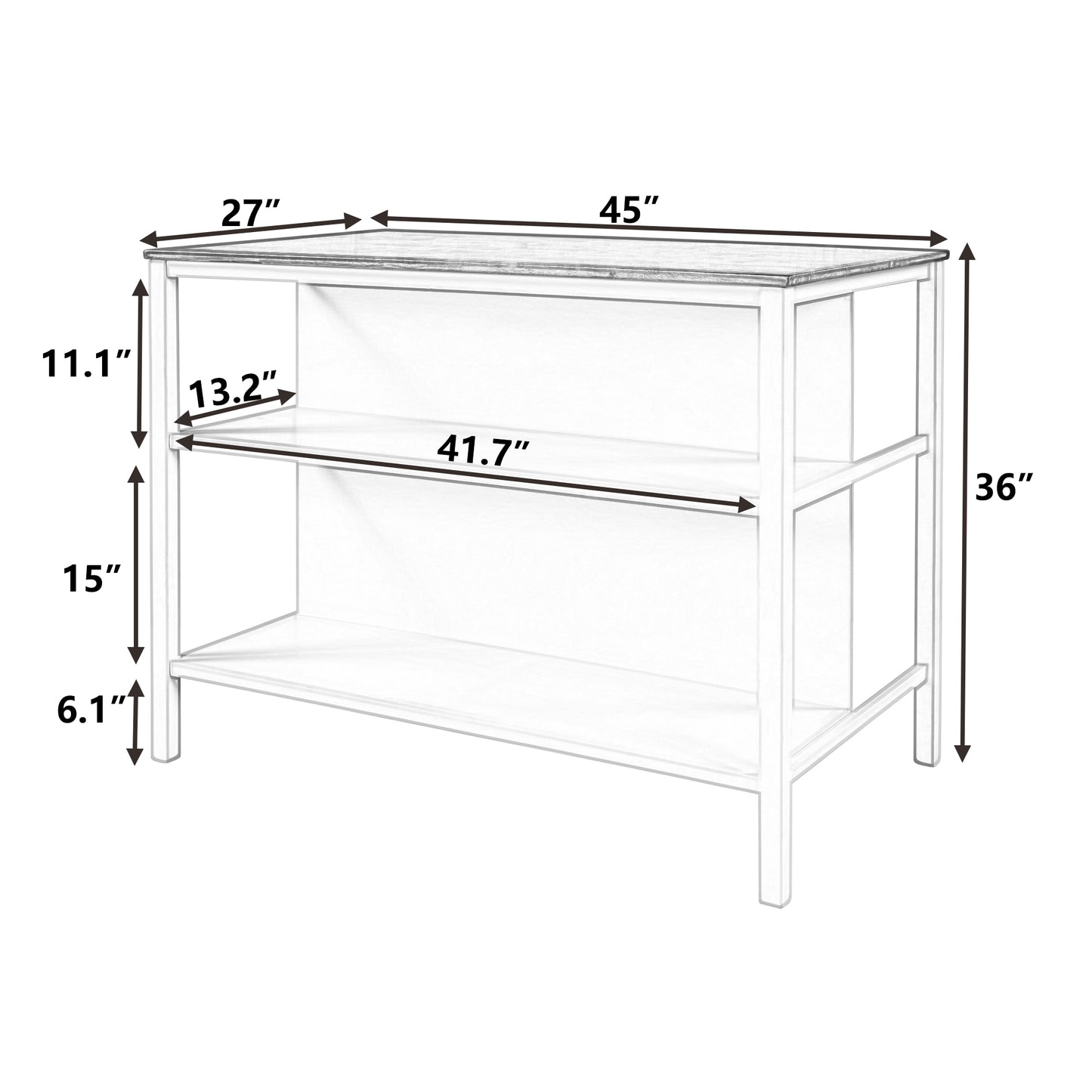 TOPMAx Solid Wood Rustic 45  Stationary Kitchen Island  Rubber Wood Butcher Block Dining Table Prep Table With 2 Open Shelves For Small Places Walnut Cream White