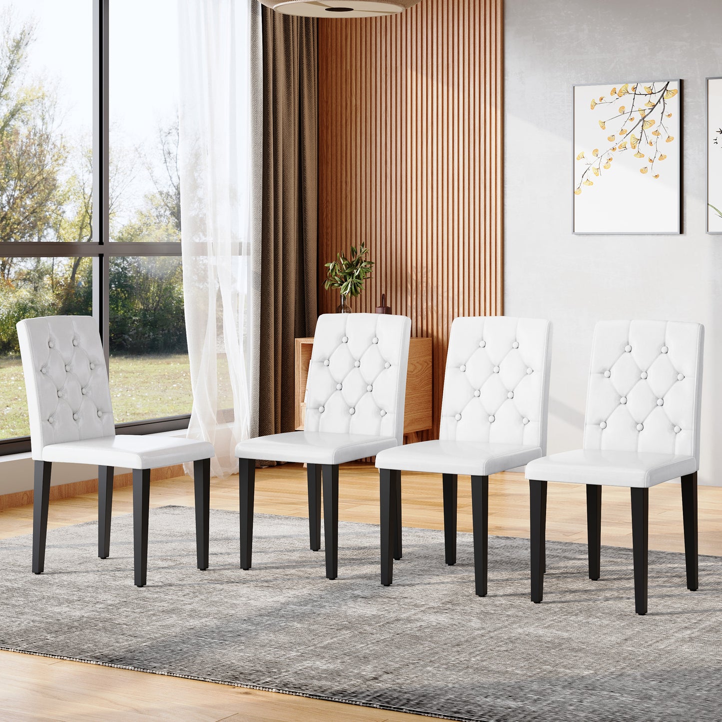 4-pack White PU Dining Chairs Ergonomic Buckle Backrest, 35 Inches High, Black Metal Legs,Combines Comfort And Texture.Perfectly Suitable For Family Dining Rooms, Hotel Banquet Halls,etc.W1151P295718