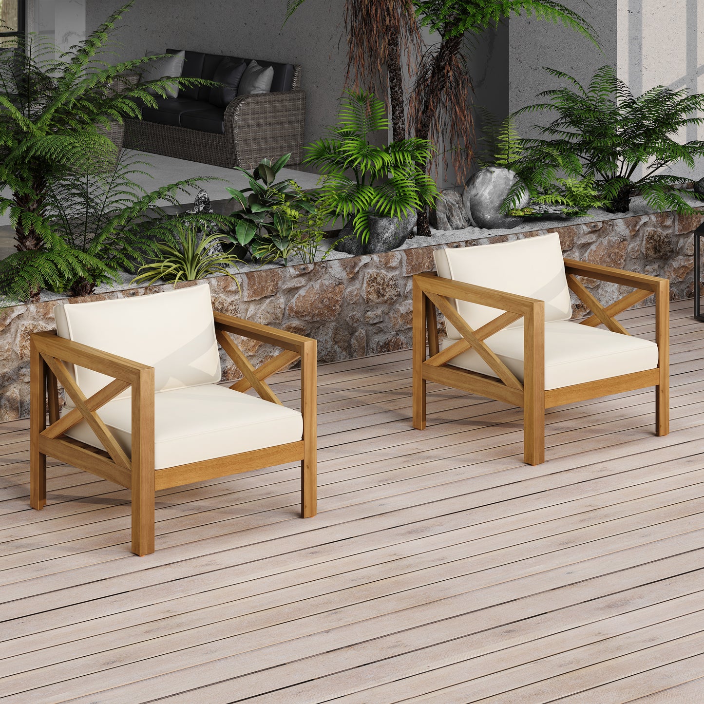 Outdoor Acacia Wood Club Wooden Armchair With Cushions  Set Of 2 , Conversation Set,Teak Finish,Beige Cushion