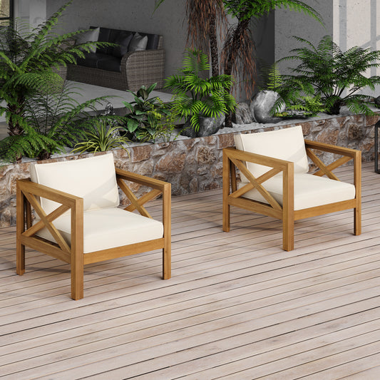 Outdoor Acacia Wood Club Wooden Armchair With Cushions  Set Of 2 , Conversation Set,Teak Finish,Beige Cushion