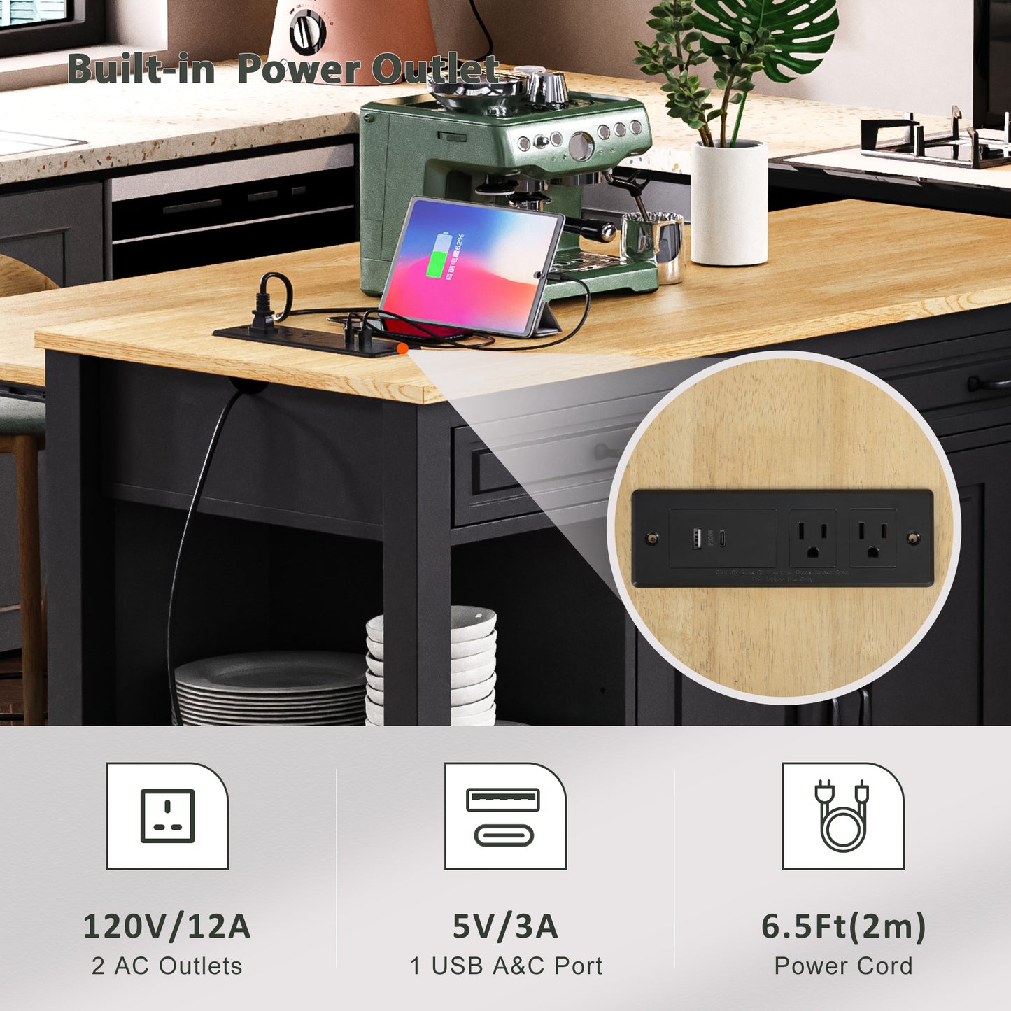 K&K 47 Inch Kitchen Island With Extendable Dining Table, Rubber Wood Veneer Kitchen Table With Internal Storage Rack, Power Outlet, Kitchen Island With Storage 2 Drawers 2 Cabinet, Black