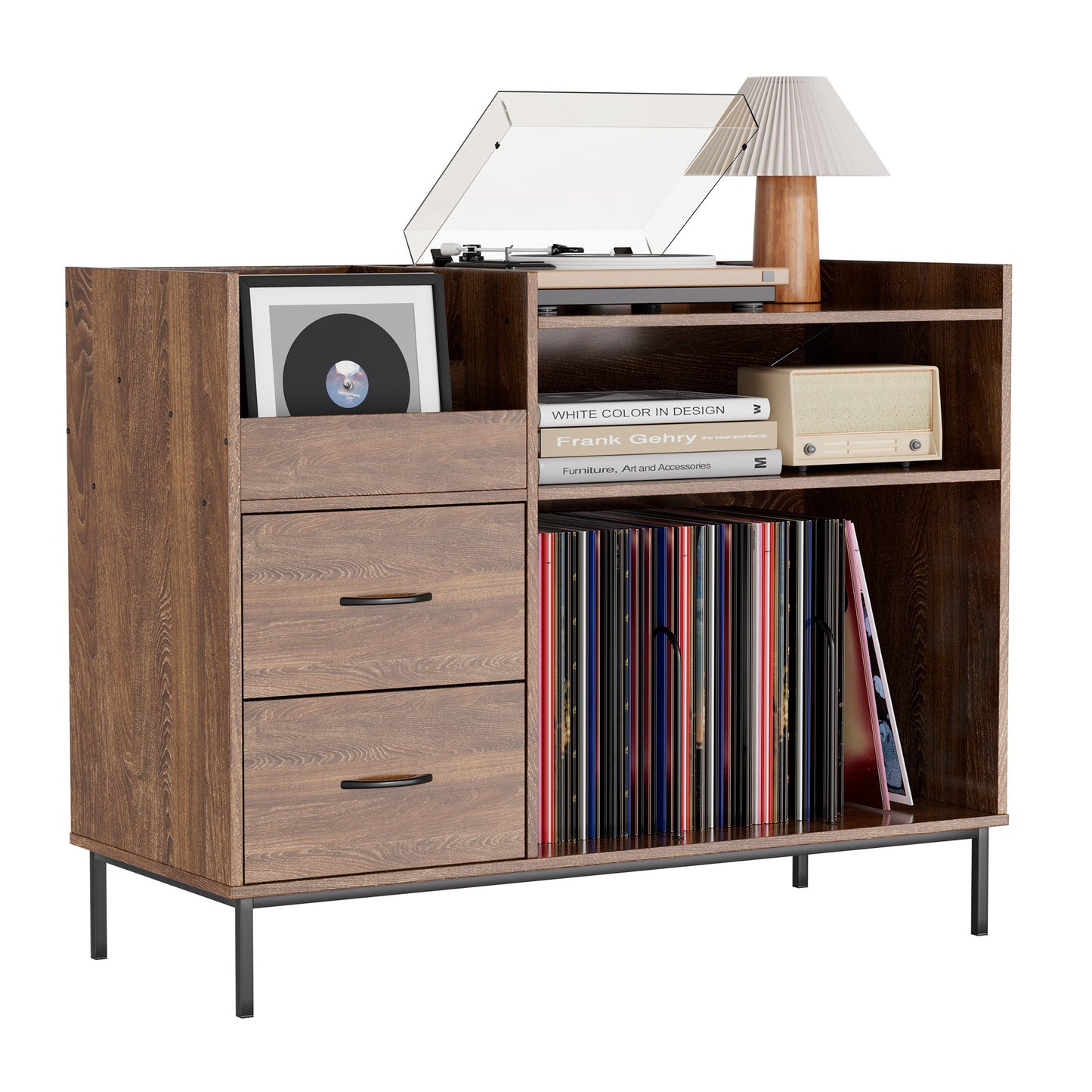 Record Player Stand With Storage For 500  Albums, Mid-Century Modern Turntable Shelf & Drawers  Sturdy Wood & Metal Audio Console For Living Room