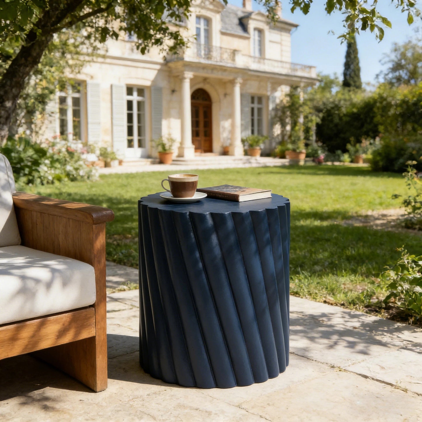 Modern Navy Blue Outdoor Table With Fluted Design - 16.02  Diameter, 18.31  H, MGO Material, 250 Lbs Capacity, Assembly-Free Accent Table Or Seat For Patio, Garden, Or Balcony