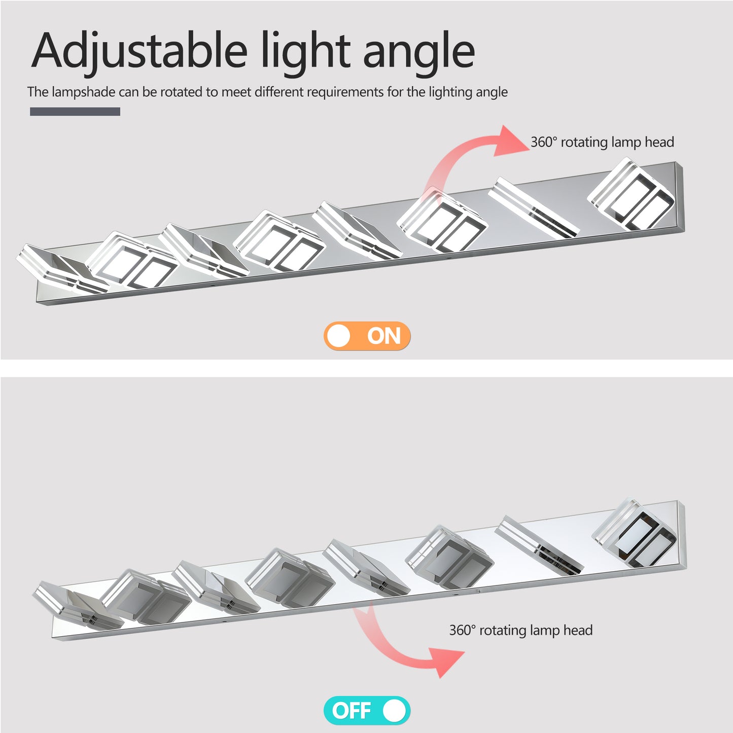 52  Modern Chrome 8-Light LED Vanity Light, Square Acrylic Lampshades Wall Mount Fixture For Bathroom, Mirror Lighting