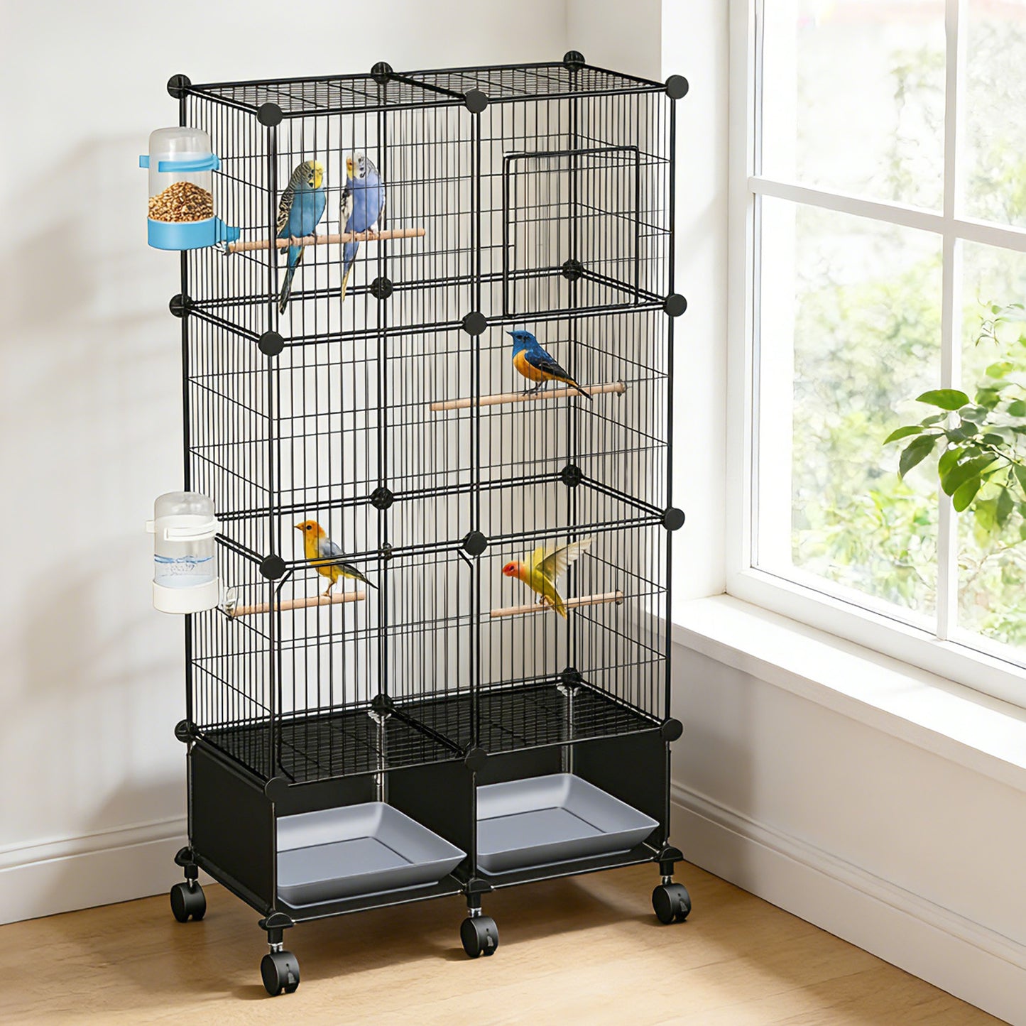 1Pc  46in Bird Cage Spacious Indoor Pet Bird House With 4 Wooden Perches 2 Slide-Out Tray 2 Water Bottle Feeder Lockable Wheels For Parrot Parakeets Cockatiel Lovebird Small Mid-Sized Birds