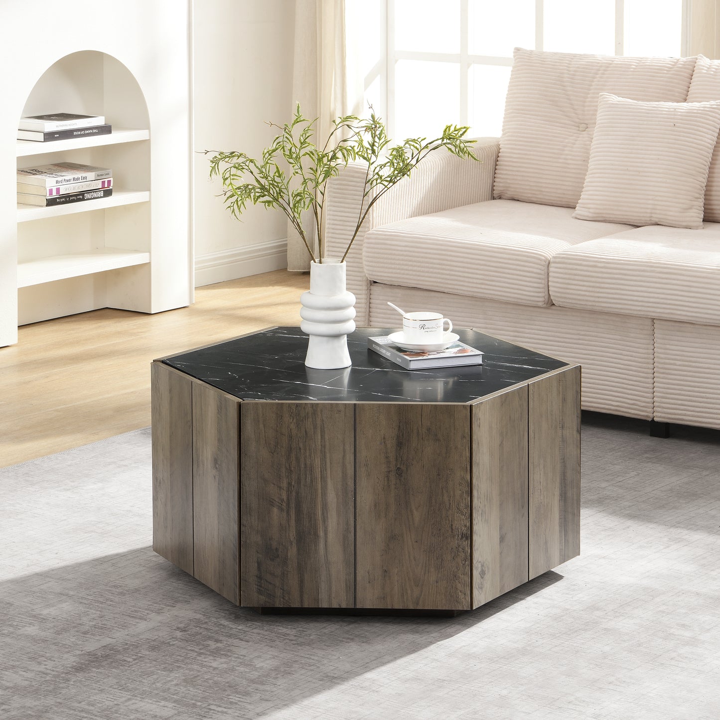 Hexagonal Rustic Retro Wood Coffee Table, With 2 Hidden Drawers, Textured Black Marble Tops, Light Brown Oak Finish - Perfect For Living Room & Reception Areas