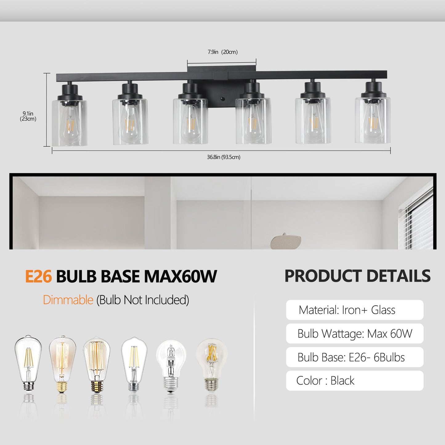 37  Modern 6-Light Bathroom Vanity Light Fixture - Black Finish With Clear Glass Shades, Perfect For Bathroom, Vanity, And Dressing Area Lighting  No Bulbs