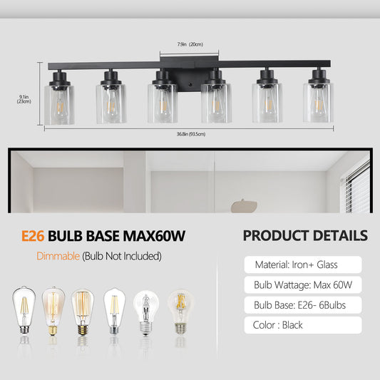 37  Modern 6-Light Bathroom Vanity Light Fixture - Black Finish With Clear Glass Shades, Perfect For Bathroom, Vanity, And Dressing Area Lighting  No Bulbs