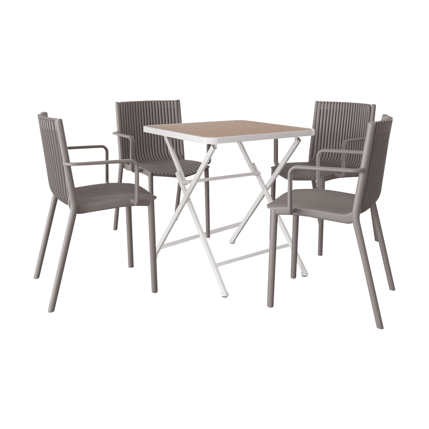 Holiday- 4pcs Warm Grey Stackable PP Armchair For Indoor Outdoor Use -Ergonomic Slatted Back With Modern Folding Indoor Outdoor Multi-functional Square Table- PP Tabletop With Metal Legs White, Khaki