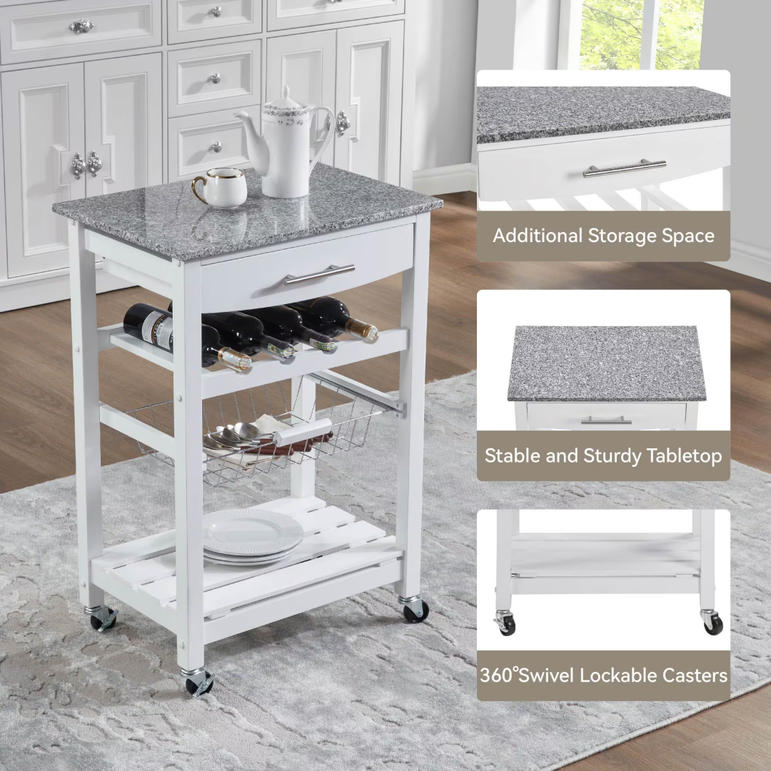 Mobile Rolling Kitchen Island Trolley Serving Cart With Underneath Drawer & Slide-Out Wire Storage Basket