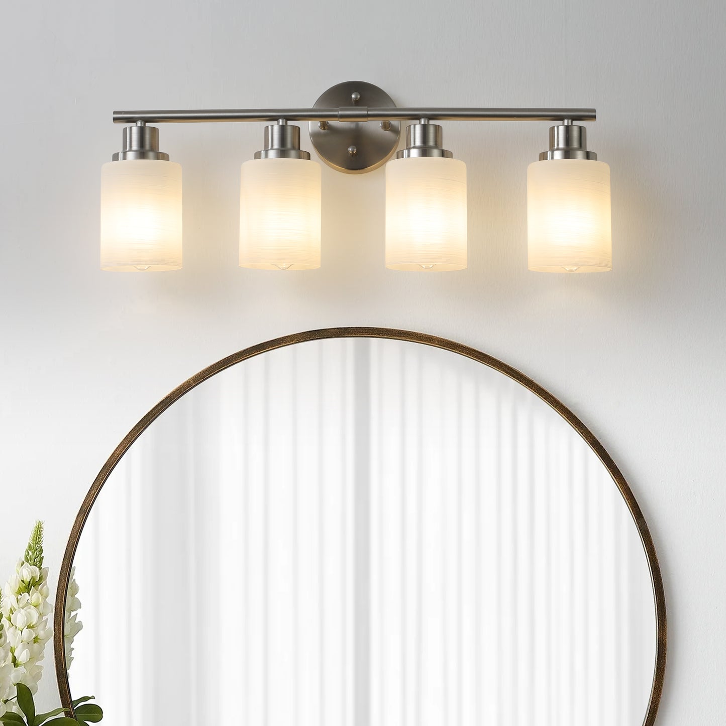 24  Modern 4-Light Vanity Wall Sconce, Brushed Nickel Finish With Frosted Glass Shades For Bathroom Or Hallway Lighting -No Bulbs