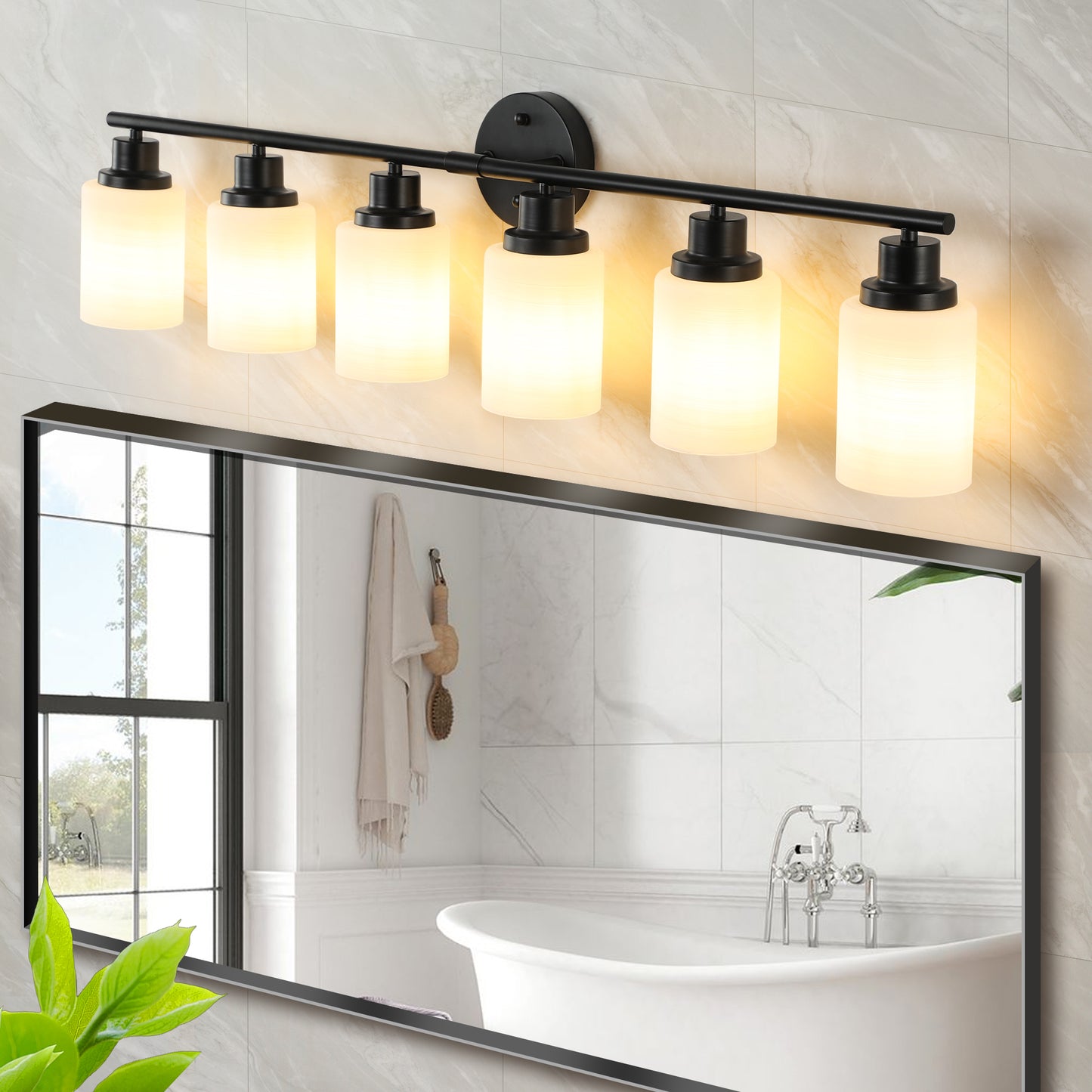 39 Modern 6-Light Vanity Bathroom Mirror Light, Frosted White Glass With Black Iron Frame, Contemporary Wall Sconce For Bedroom, Bathroom, And Dressing Room  No Bulbs