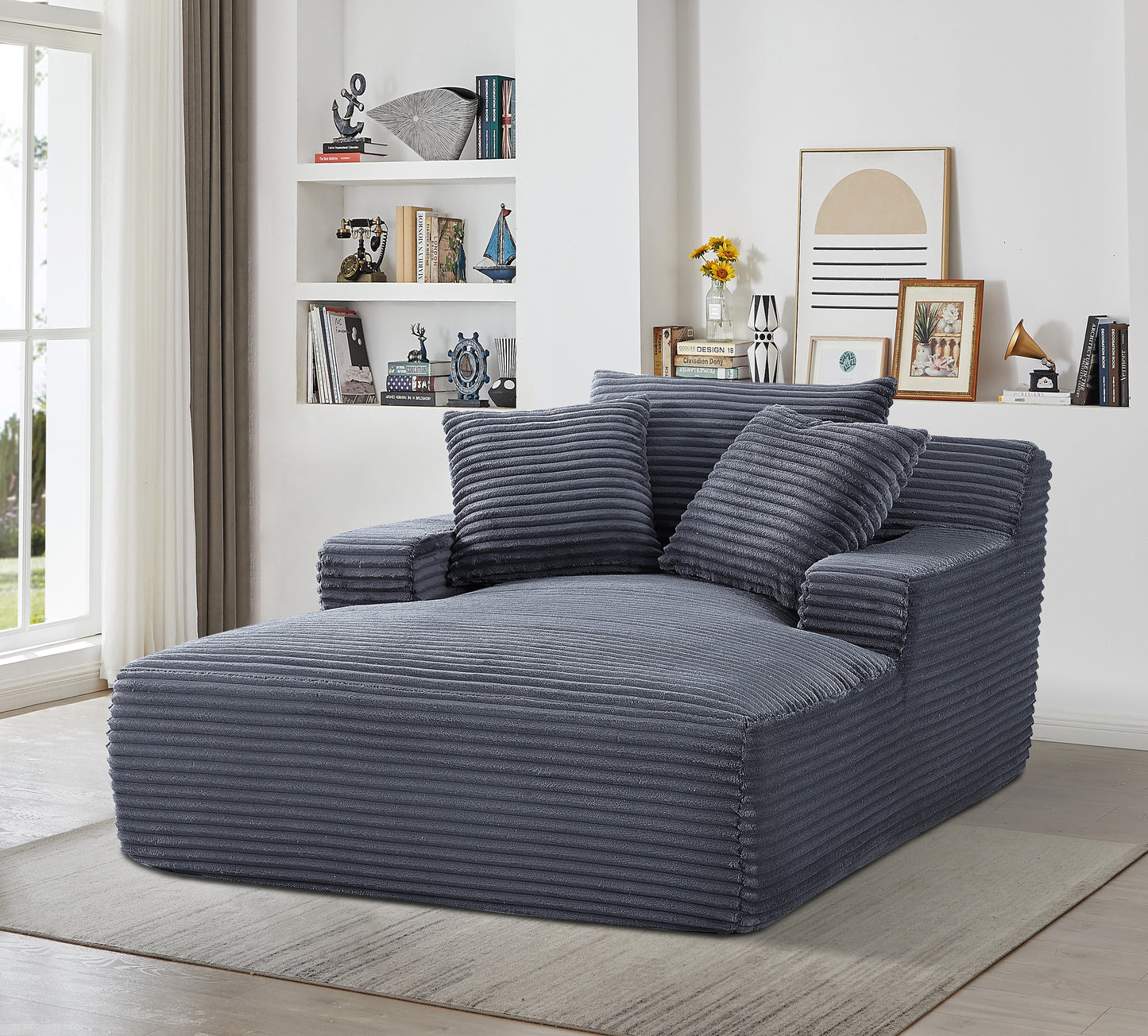 Cloudline Oversized Chaise Lounge Chair In Soft Corduroy, Modern Comfy Couch With Full Foam Cushioning, Cozy Sleeper Sofabed For Living Room, Bedroom, No Assembly Required, Grey
