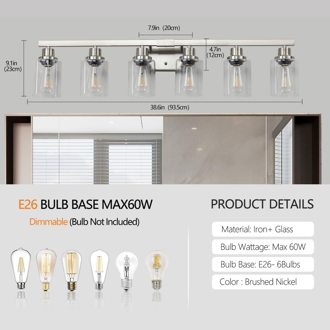 37  Modern 6-Light Bathroom Vanity Light Fixture - Brushed Nickel Finish With Clear Glass Shades, Perfect For Bathroom, Vanity, And Dressing Area Lighting  No Bulbs