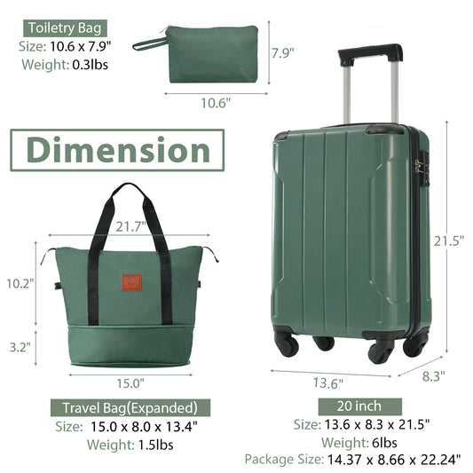 20 Inch Carry On Luggage Set 3 Piece With Spinner Wheels, Lightweight Hardshell ABS Suitcase For Weedend Getaways, Business Travel, Green