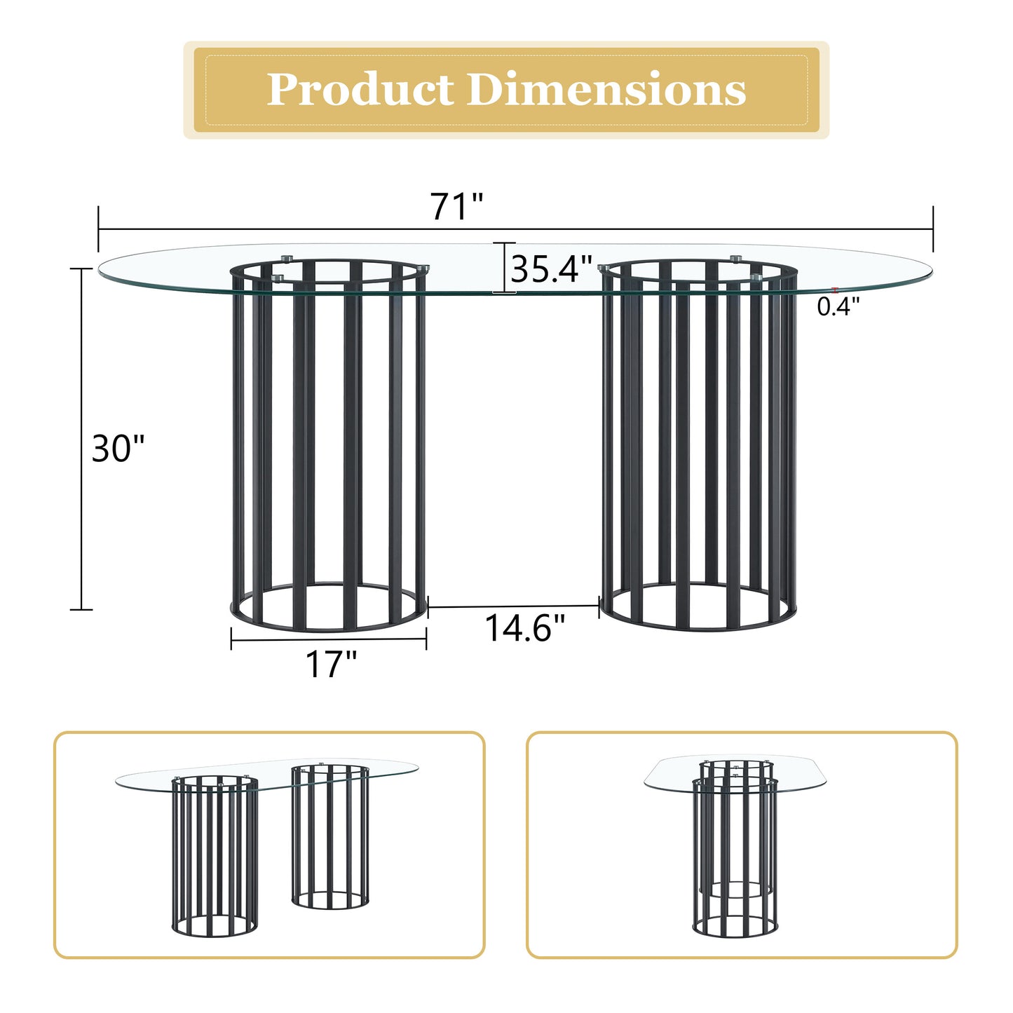 71 Inch Oval Tempered Glass Dining Table,black Double Column Light Luxury Style,tempered Glass Scratch Resistant And Easy To Clean.Suitable For 6-8 People Dining, Modern Light Luxury Restaurant Table.