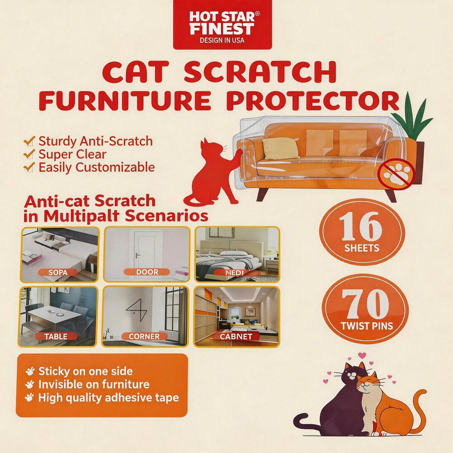 Cat Scratch Furniture Protector Set 16 Clear Sheets, Incldes 8 Sheets Of 279 358mm And 8 Sheets Of 140 358mm, 70 Twist Pins, Invisible Anti Scratch Guards For Sofa, Door, Bed, Table, Cabinet