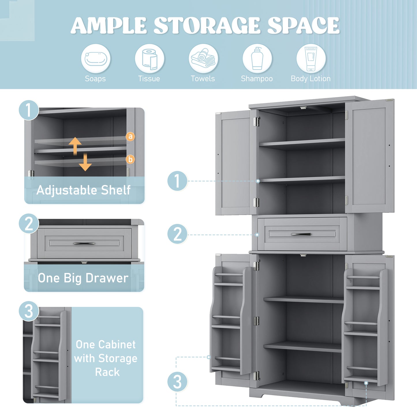 Video  Bathroom Storage Cabinet With Multi-Functional Storage Space, Drawer With Slide Rails, Adjustable Shelf, Grey