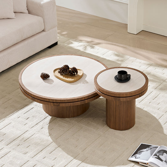 Set Of 19.49   35.43   MDF Round Coffee Table  Sintered Stone Tabletop For Living Room Apartment  Reception Room  WALNUT