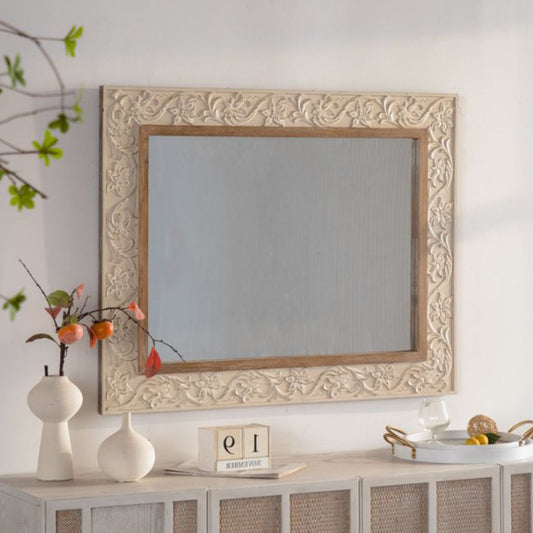 Vintage Carved Pattern Rectangular Wall Mirror, Ornate Frame For Living Room Bedroom Retro Decor
