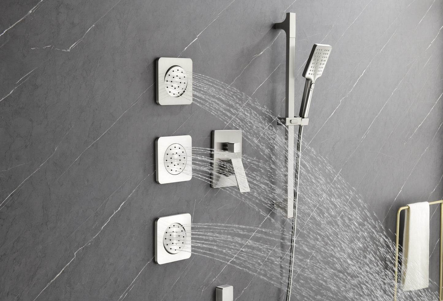 Shower System With Shower Head, Hand Shower, Slide Bar, Sprayer, Shower Arm, Hose, Valve Trim And Lever Handle