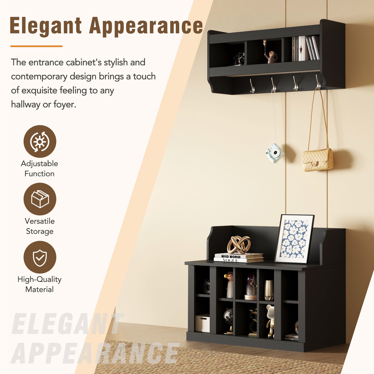 ON-TREND Shoe Storage Bench With Shelves And 4 Hooks, Elegant Hall Tree With Wall Mounted Coat Rack, Entryway Organizer For Hallway, Foyer, Mudroom, Black