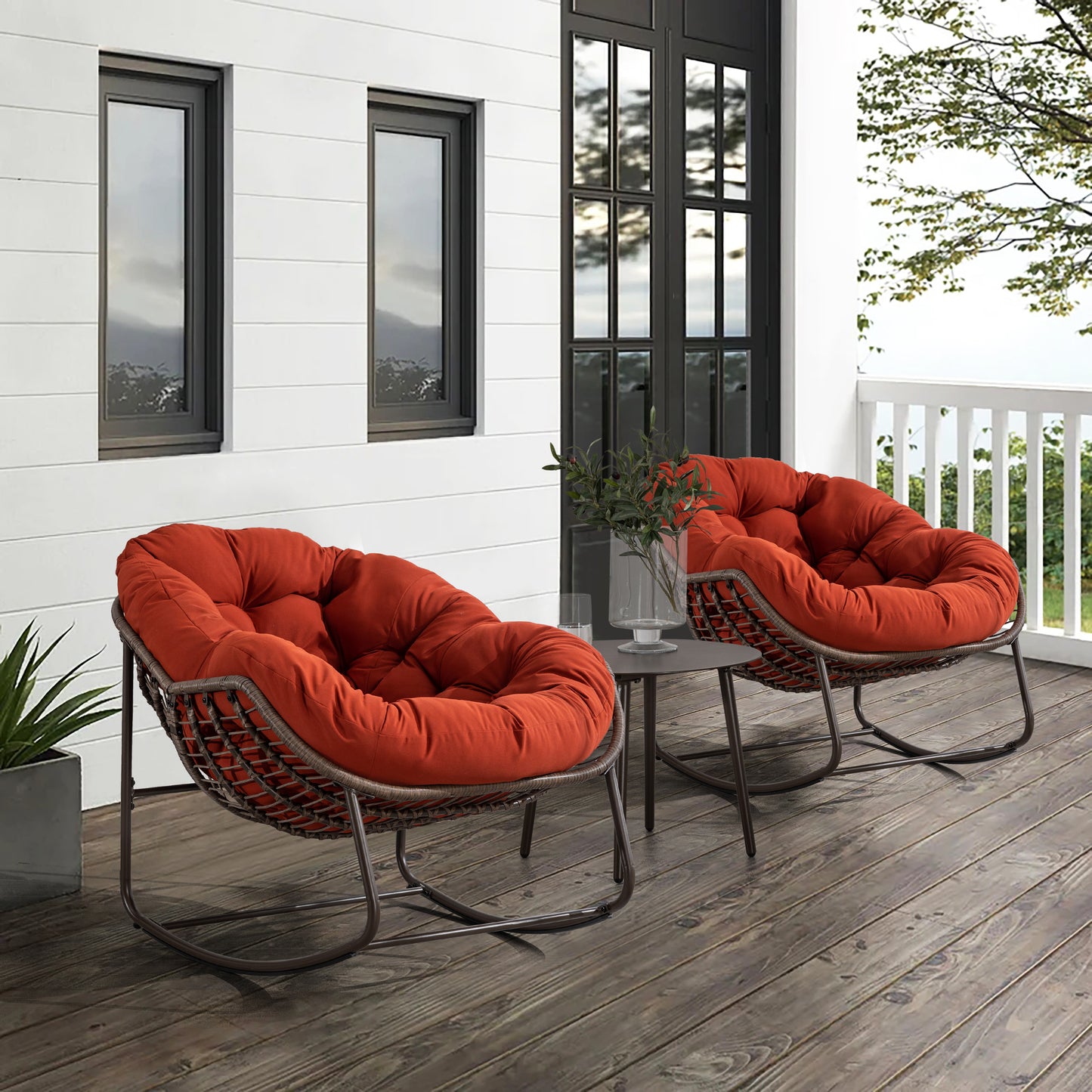 Outdoor Rattan Rocking Chair,Padded Cushion Rocker Recliner Chair Outdoor For Front Porch, Living Room, Patio, Garden, Orange