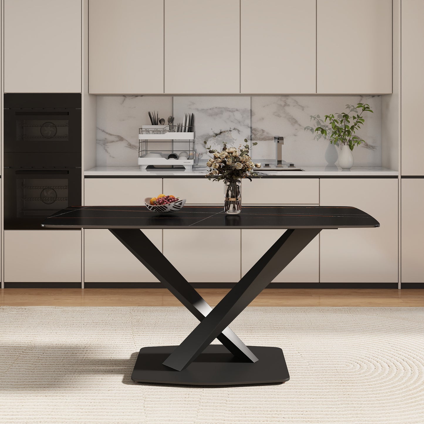 63 Modern Artificial Stone Black Curved Black Metal Leg Dining Table -6 People