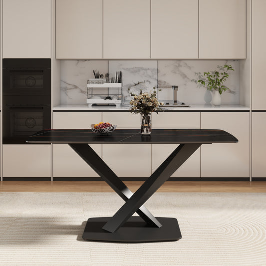 63 Modern Artificial Stone Black Curved Black Metal Leg Dining Table -6 People