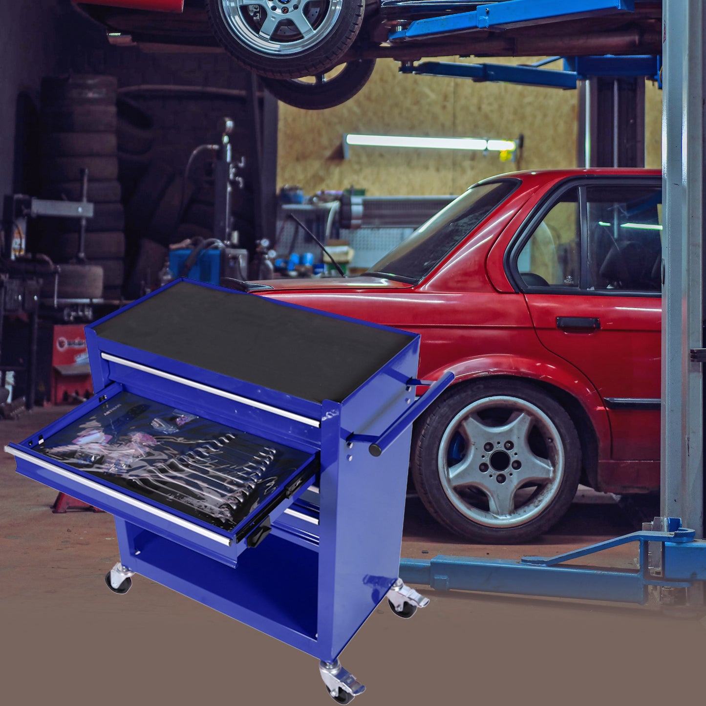 4-Drawer Rrolling Tool Box, 24.4in With 4 Wheels And Drawers With Tools, For Garage, Warehouse, Workshop, Shop,BLUE