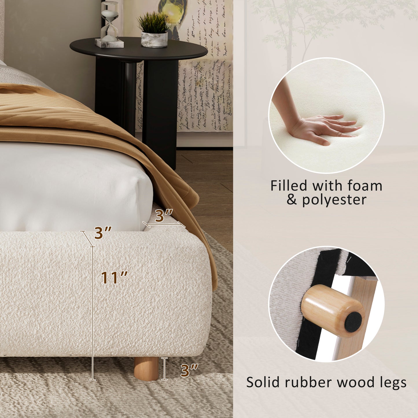Queen Size Upholstered Bed With Boucle Fabric,Curved-Shape Design Thick Headboard, Solid Wood Legs,White