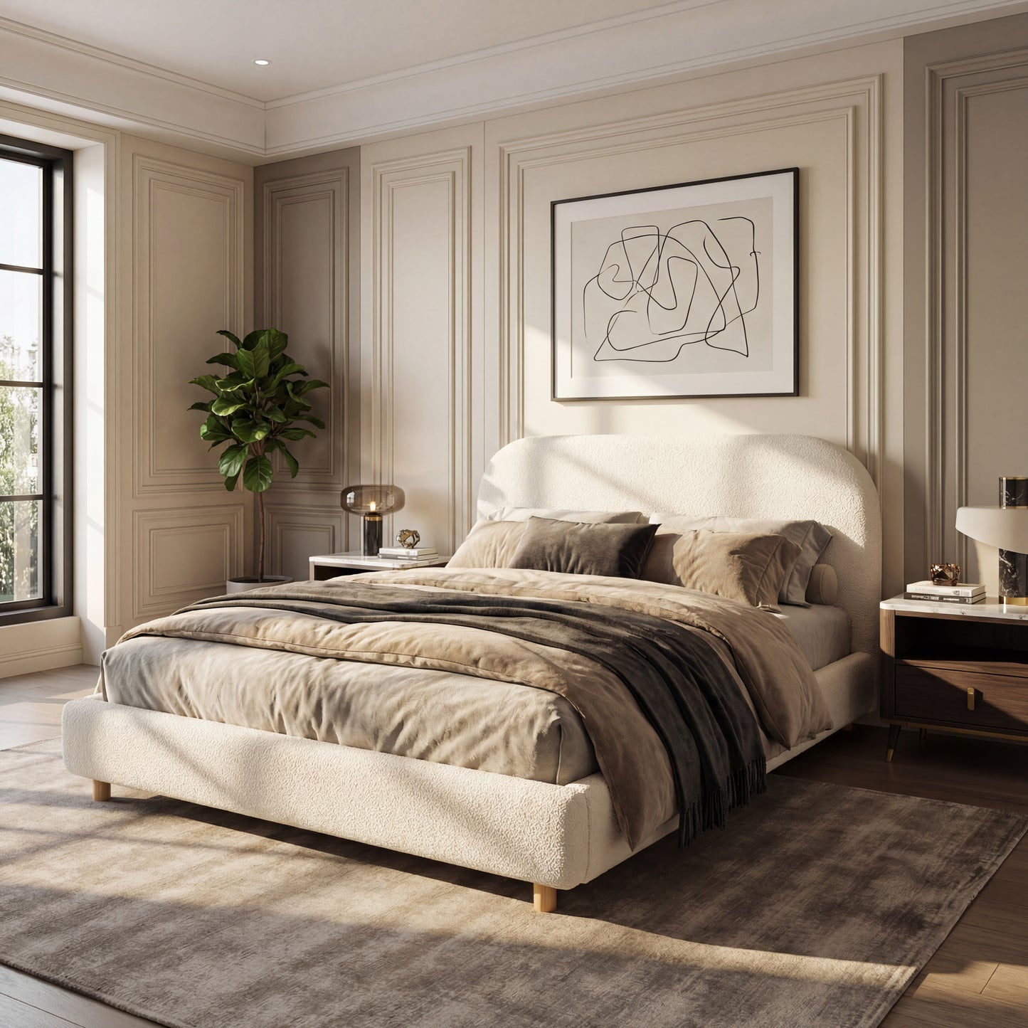 Queen Size Upholstered Bed With Boucle Fabric,Curved-Shape Design Thick Headboard, Solid Wood Legs,White