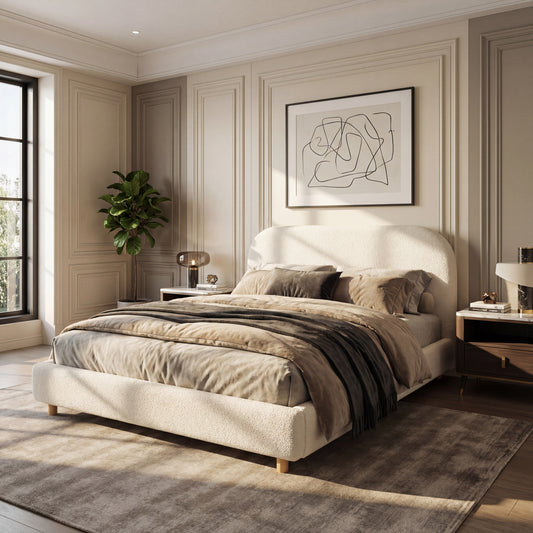 Queen Size Upholstered Bed With Boucle Fabric,Curved-Shape Design Thick Headboard, Solid Wood Legs,White