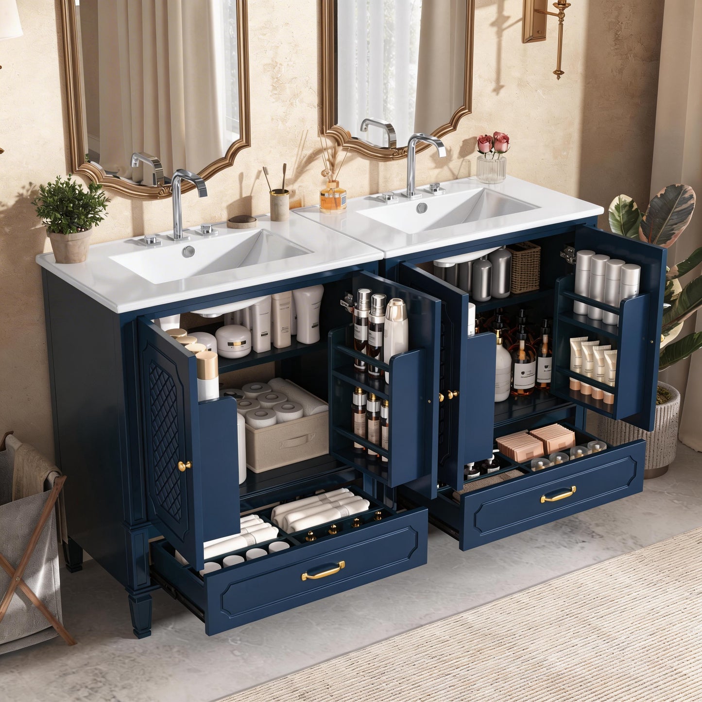 Video 60  Bathroom Vanity With Double Sink Combo Set, 2 Cabinet With Door Organizers, 2 Drawers, Blue