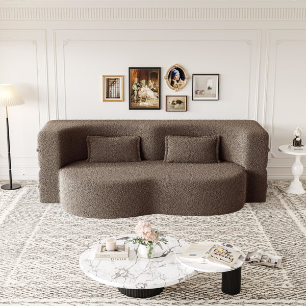 Modern Floor Sofa With 2 Pillows,Convertible Teddy Fabric Foam-Filled Sleeper Sofa Bed,15' Full Size Folding Mattress For Living Room,Guest Bed,Playroom,no Assembly Required,Brown