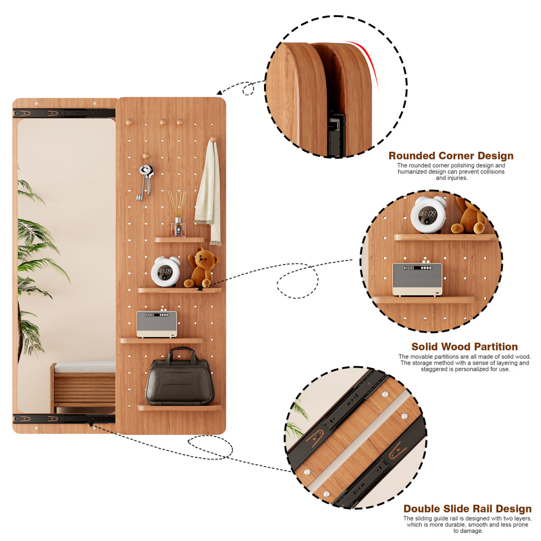 Wall Mounted Full Length Mirror, Full Body Mirror With Shelf, Full Body Mirror With Hook Wall Mounted Mirror With Multifunctional Design Panel, Bedroom Living Room Entrance Cherry 47.6x15.7in