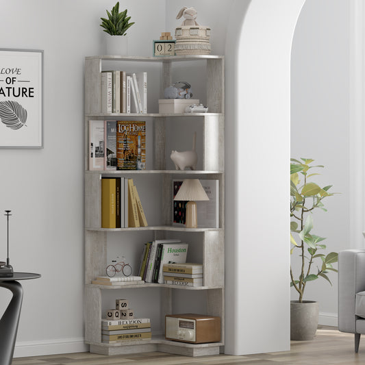 6 Tier Freestanding L-Shaped Corner Bookshelf For Living Room, Bedroom, Wood Bookcase With Anti-drop Panle And Anti Tipping Device, Display Shelf Open Storage Rack Organizer For Home Office Light Gray