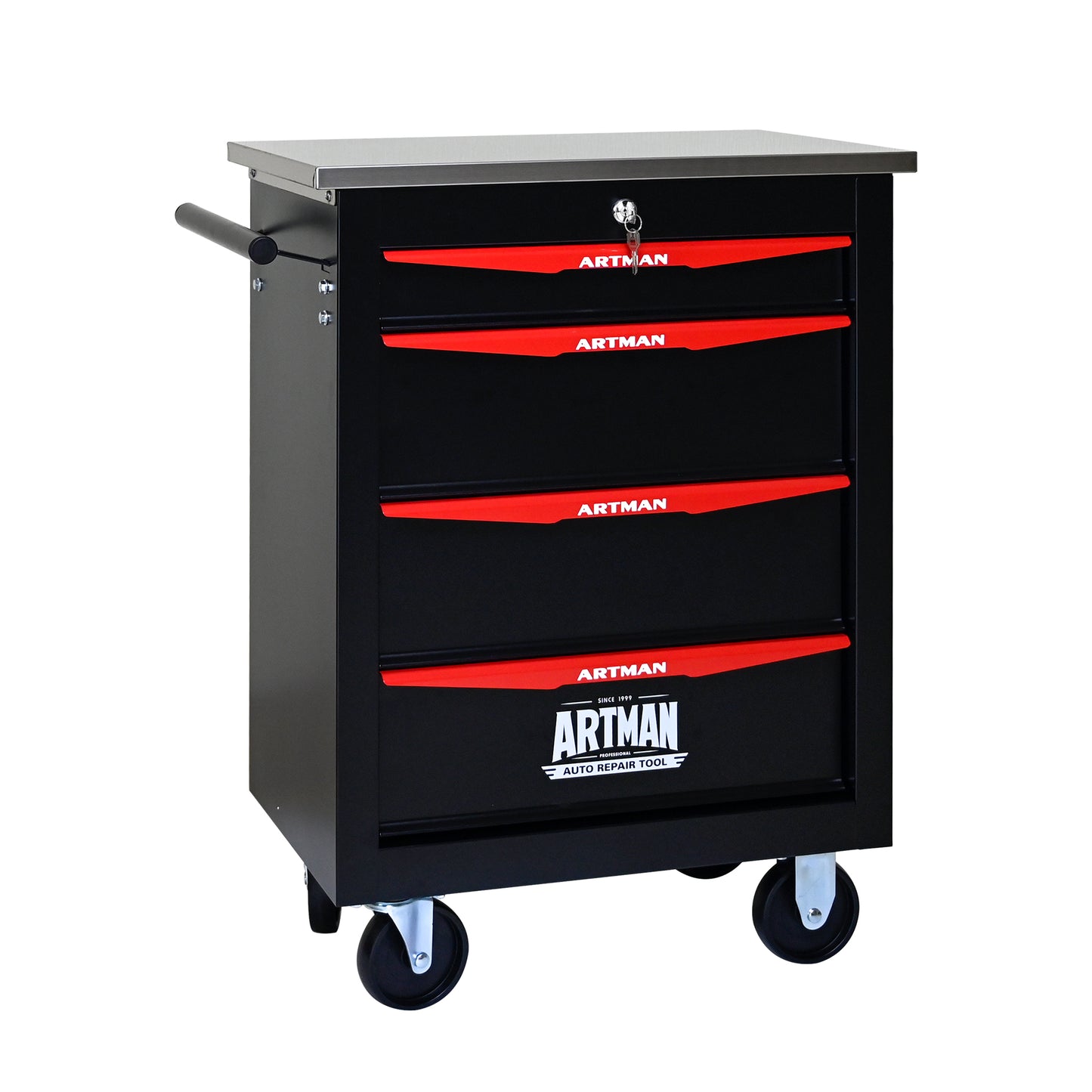4 Drawers Multifunctional Tool Cart With Wheels,Metal Rolling Tool Cart Storage For Garage Workshop Warehouse Repair Shop--With  Stainless Steel Roof- BLACK&RED