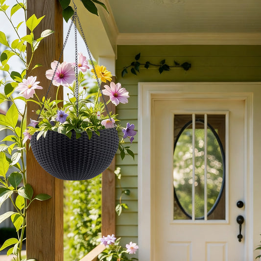13.4 Inch Self-Watering Hanging Rattan-Inspired Planter Large Capacity, Root-Rot Resistant Water Storage With Water Level Indicator, Dual-Use For Indoor & Balcony Decoration  Pack Of 2, Black Color