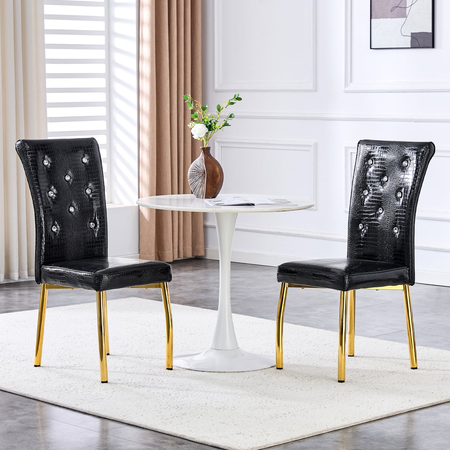 Set Of 4,Retro Alligator Skin Upholstered Dining Chairs,with Crystal Buckle Design And Faux Leather Design,a Touch Of Elegance And Mystery To The Dining Area.Gold Plated Metal Feet