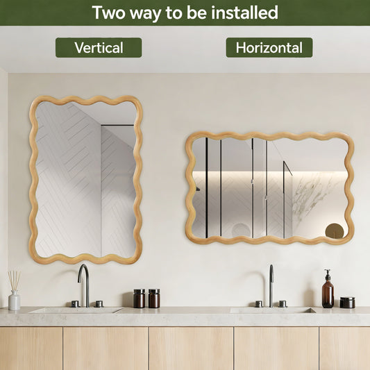 Oak Color 20x30 Wavy Rectangle Solid Wood Frame Decorative Mirror,For Bedroom, Bathroom, Living Room, Entryway