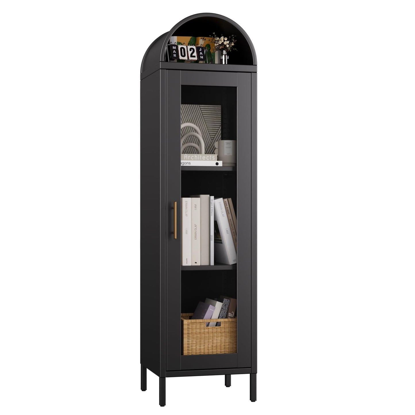 Metal Arched Bookcase Cabinet, Arch Display Storage Cabinet With Glass Doors & 2 Shelves For Living Room, Kitchens,Office, Black, Assembly Required,15.35inch Dx16.26inch Wx63inch H