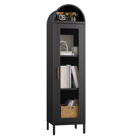 Metal Arched Bookcase Cabinet, Arch Display Storage Cabinet With Glass Doors & 2 Shelves For Living Room, Kitchens,Office, Black, Assembly Required,15.35inch Dx16.26inch Wx63inch H